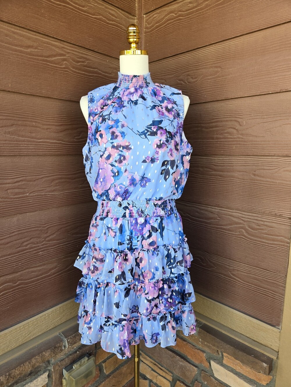 Everlily Blue Floral Smocked Ruffle High Neck Mini Dress Women's Size Large NWOT